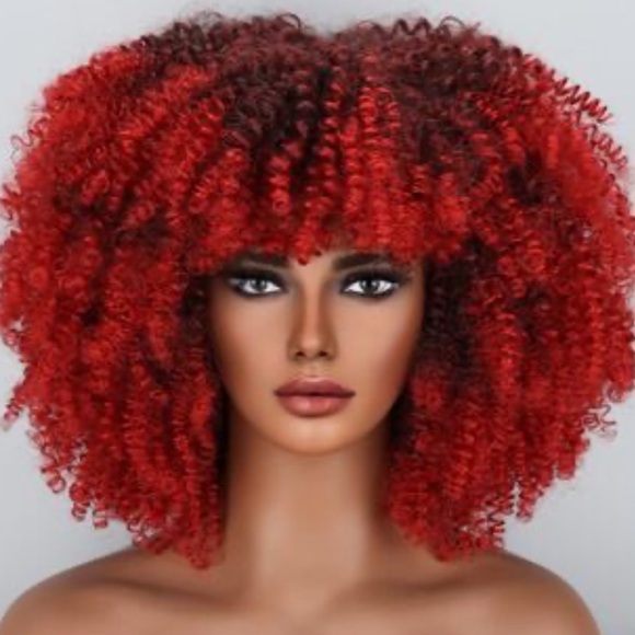 Ansho 15 Inch Short Curly Afro Kinky Wig Synthetic Hair Big Hair Red Black Ombré - Picture 4 of 8